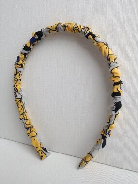 New Handmade Silk Headband in Yellow, Blue and Grey Print Pattern